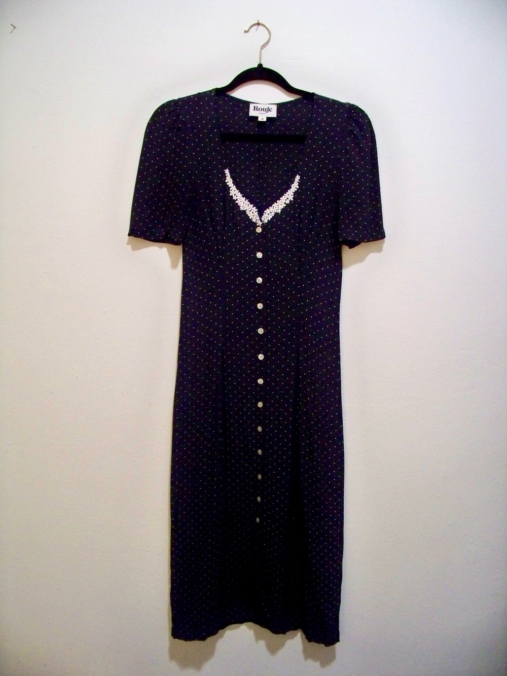 Rouje Navy Polka Dot Midi Dress with White Floral Detail